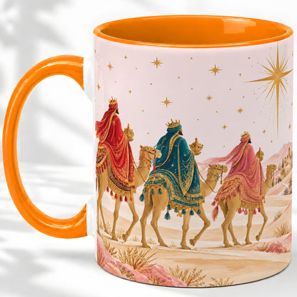 #pl[11oz|Orange] Three Wise Men Accent Mug, Christmas Camel Journey Artwork