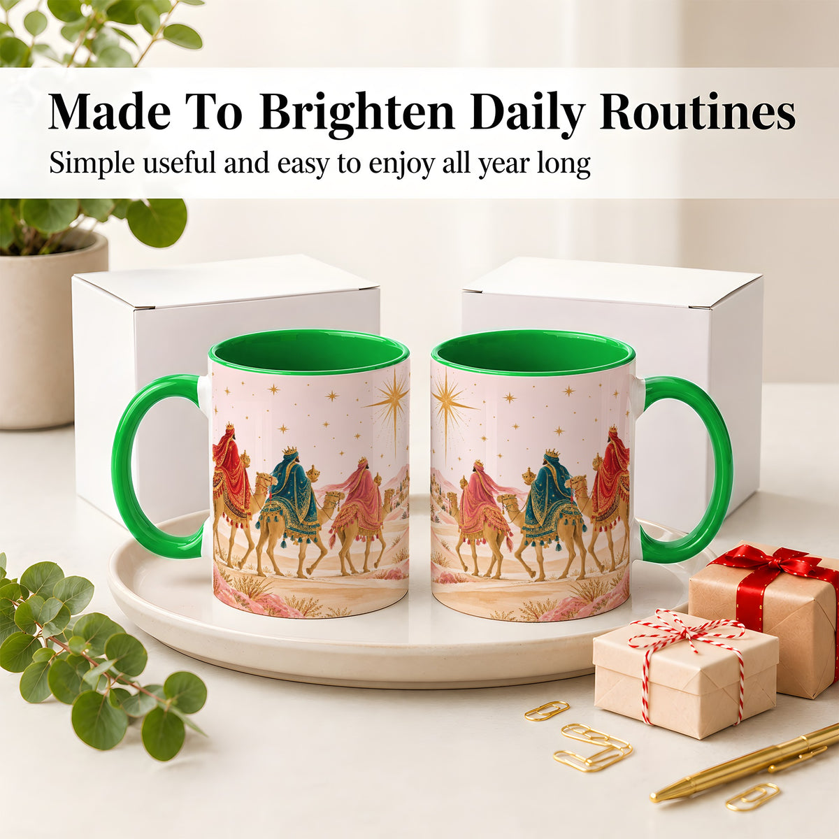 #pl[11oz|Green] Three Wise Men Accent Mug, Christmas Camel Journey Artwork