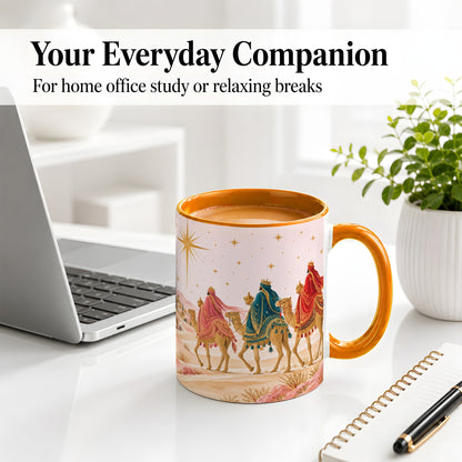 #pl[11oz|Orange] Three Wise Men Accent Mug, Christmas Camel Journey Artwork