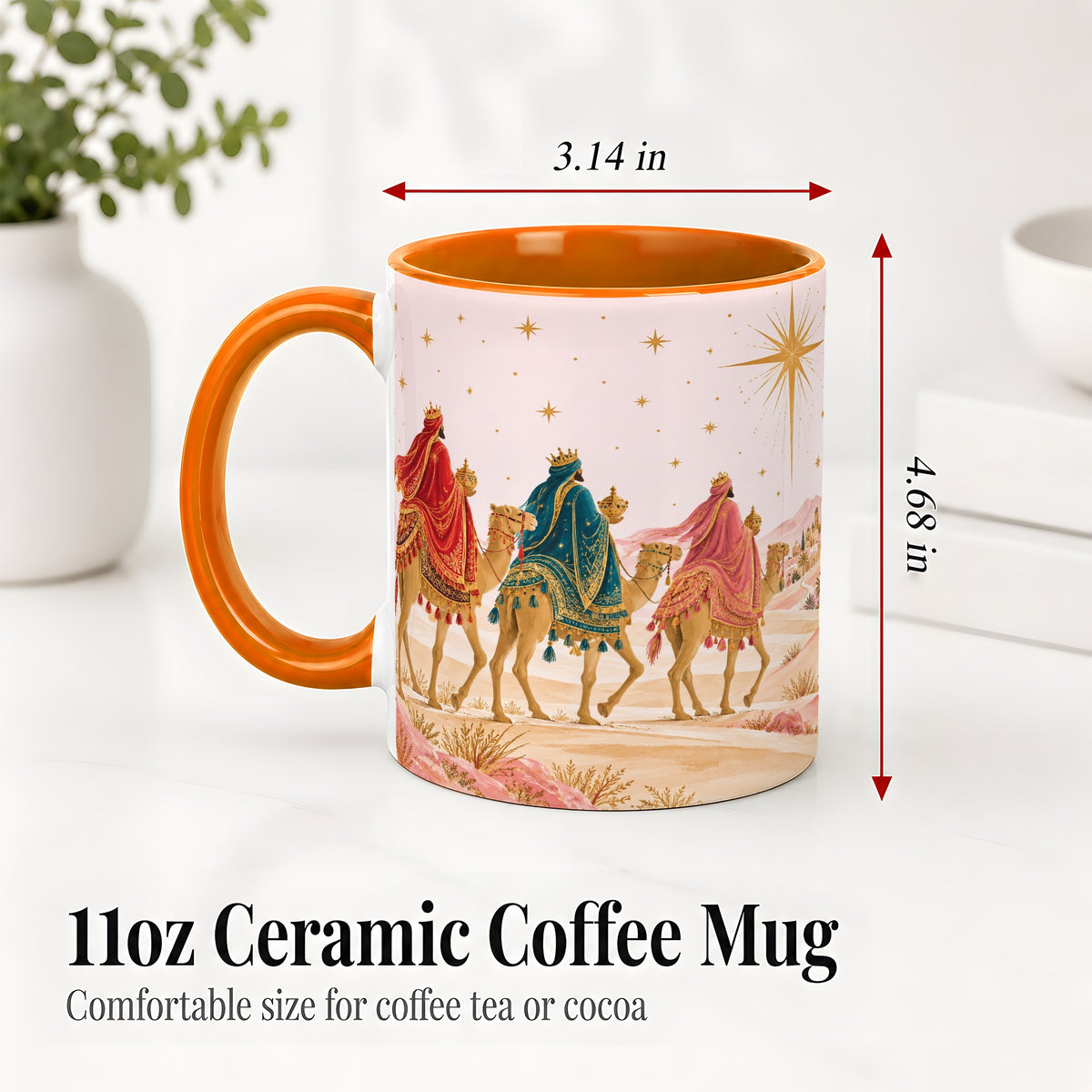 #pl[11oz|Orange] Three Wise Men Accent Mug, Christmas Camel Journey Artwork