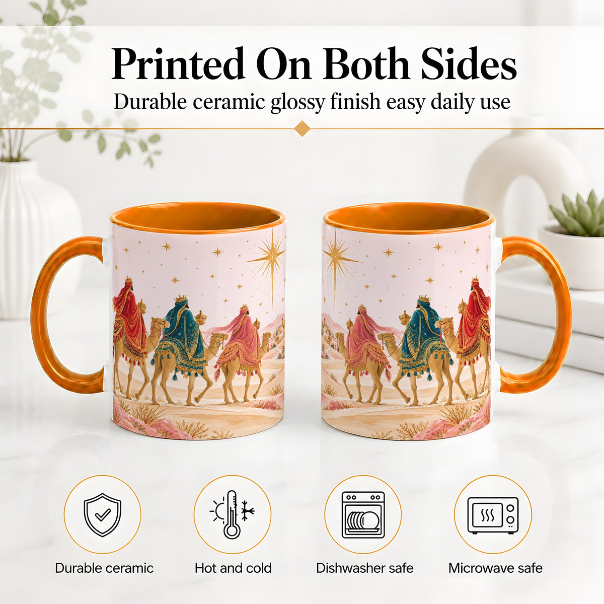 #pl[11oz|Orange] Three Wise Men Accent Mug, Christmas Camel Journey Artwork