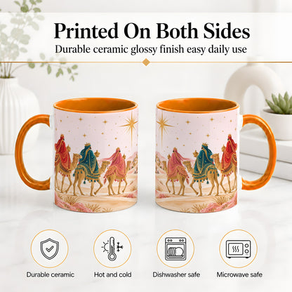 #pl[11oz|Orange] Three Wise Men Accent Mug, Christmas Camel Journey Artwork