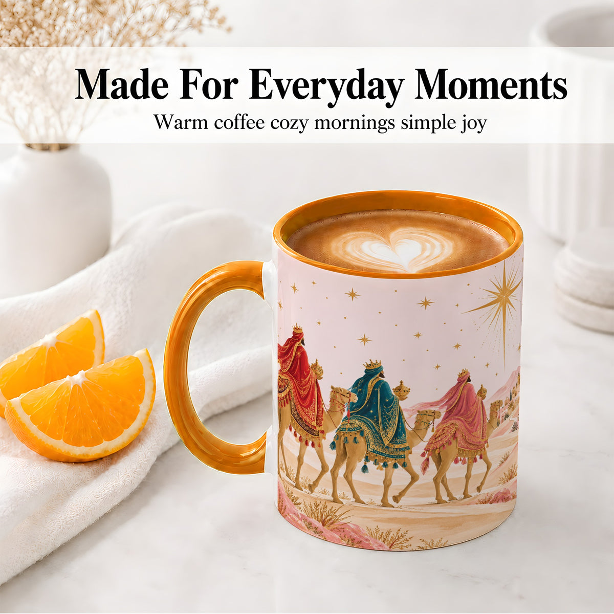 #pl[11oz|Orange] Three Wise Men Accent Mug, Christmas Camel Journey Artwork