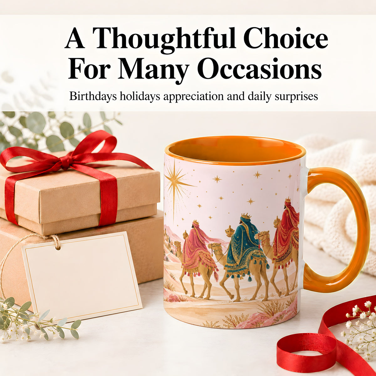 #pl[11oz|Orange] Three Wise Men Accent Mug, Christmas Camel Journey Artwork