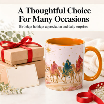 #pl[11oz|Orange] Three Wise Men Accent Mug, Christmas Camel Journey Artwork