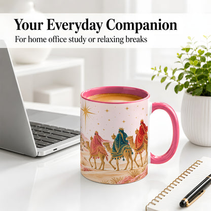 #pl[11oz|Pink] Three Wise Men Accent Mug, Christmas Camel Journey Artwork