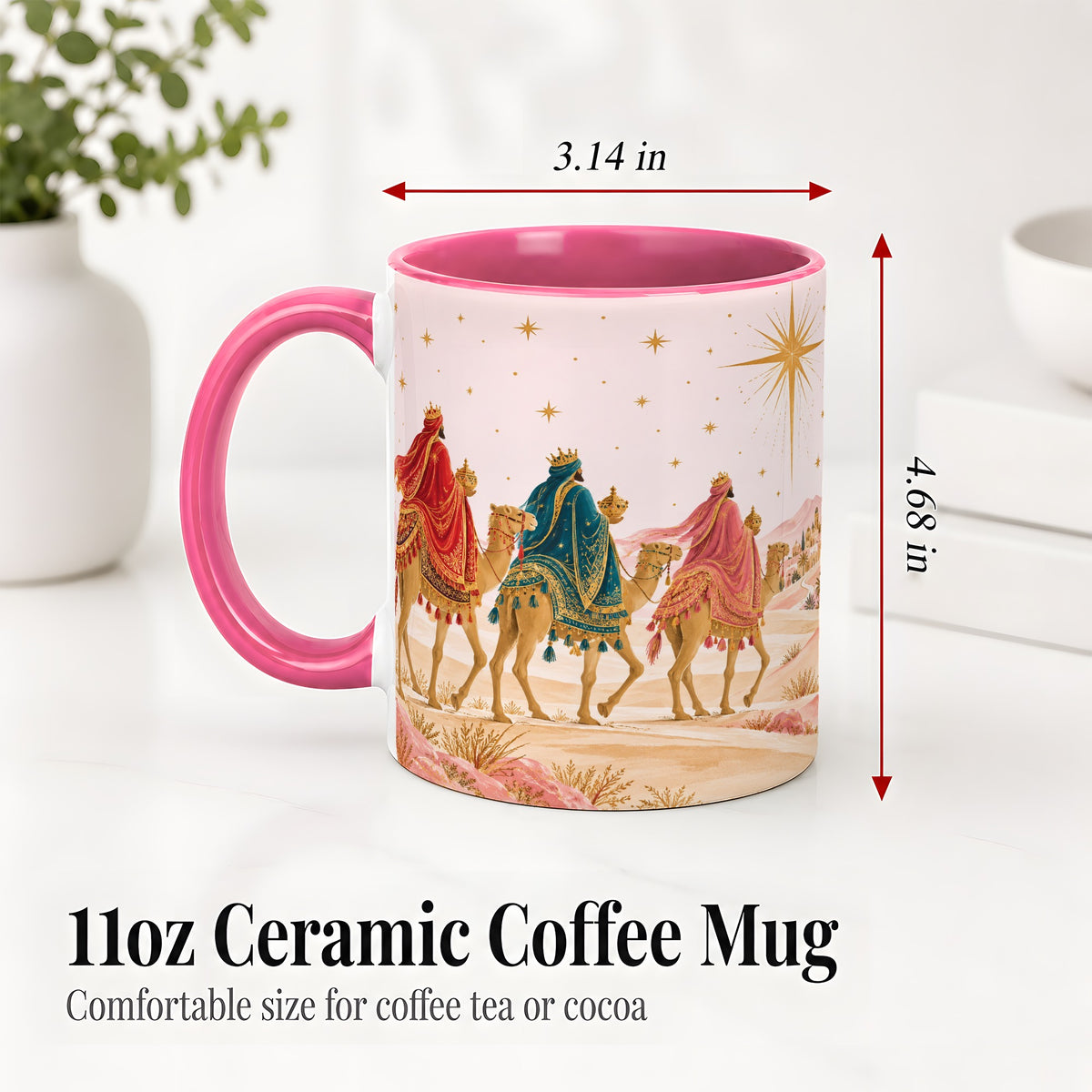 #pl[11oz|Pink] Three Wise Men Accent Mug, Christmas Camel Journey Artwork