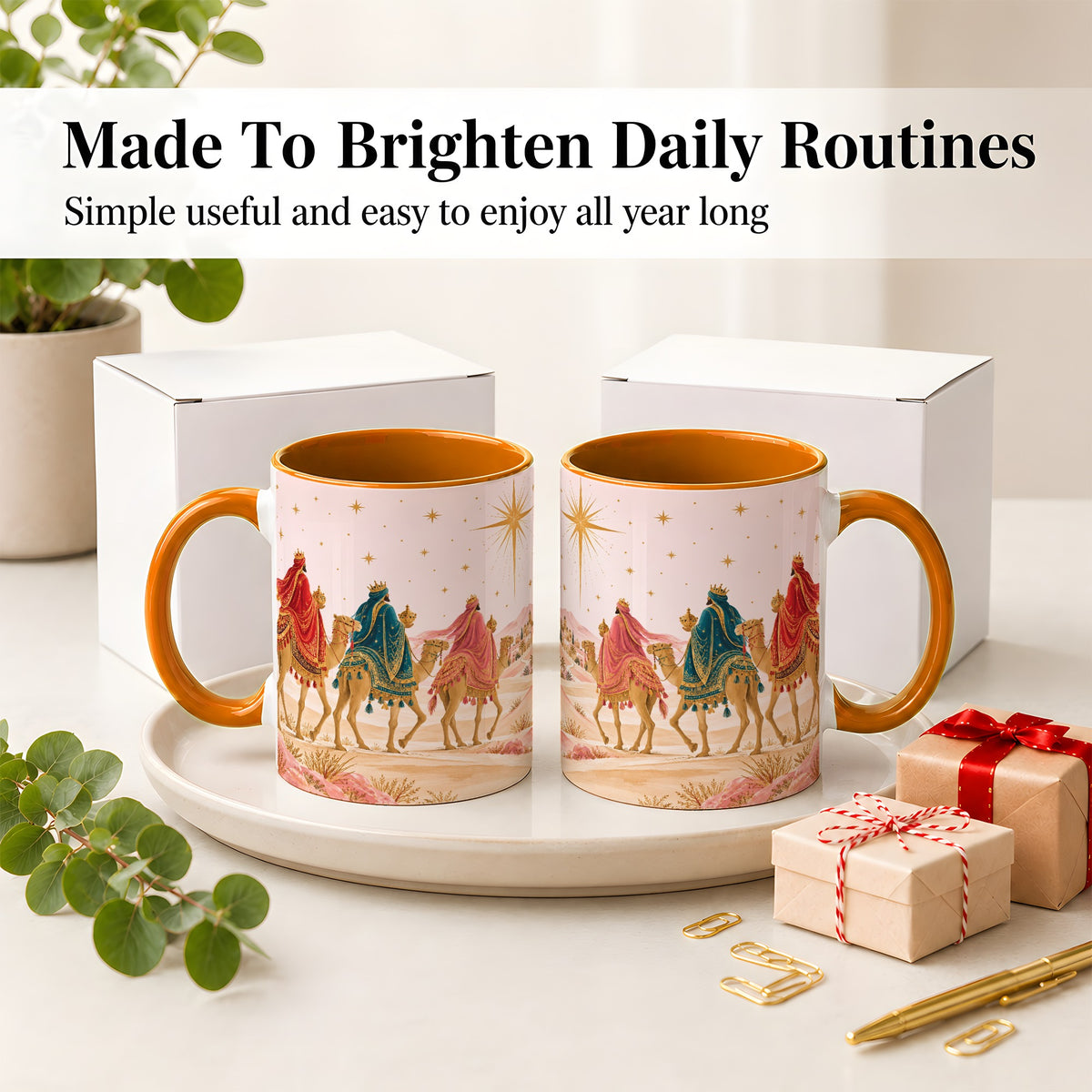 #pl[11oz|Orange] Three Wise Men Accent Mug, Christmas Camel Journey Artwork