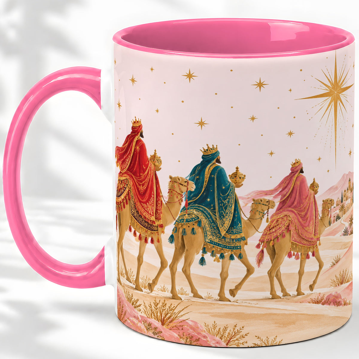 #pl[11oz|Pink] Three Wise Men Accent Mug, Christmas Camel Journey Artwork