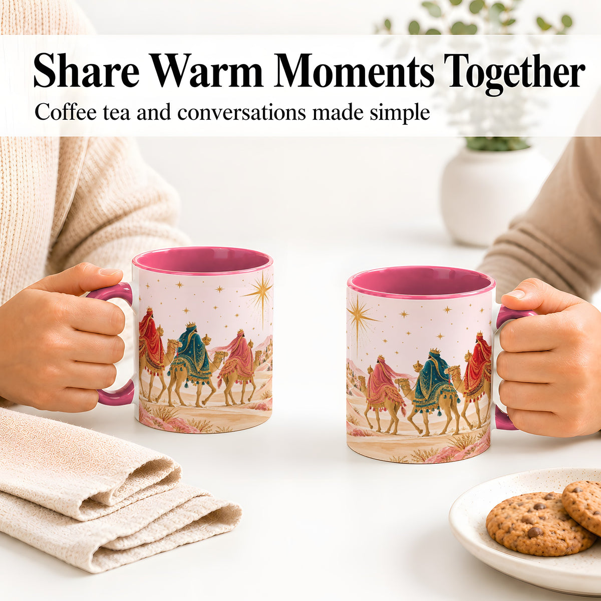 #pl[11oz|Pink] Three Wise Men Accent Mug, Christmas Camel Journey Artwork