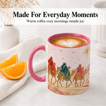#pl[11oz|Pink] Three Wise Men Accent Mug, Christmas Camel Journey Artwork