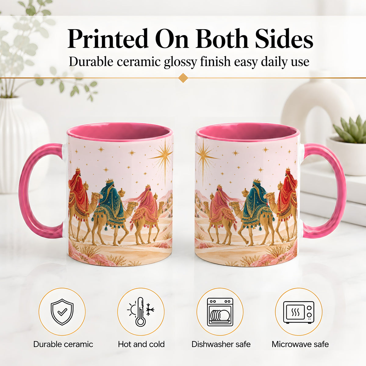 #pl[11oz|Pink] Three Wise Men Accent Mug, Christmas Camel Journey Artwork
