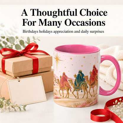 #pl[11oz|Pink] Three Wise Men Accent Mug, Christmas Camel Journey Artwork