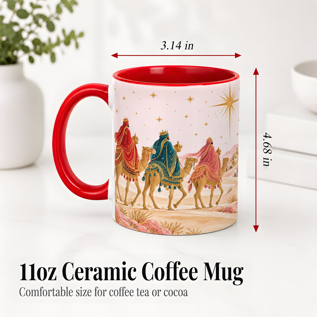 #pl[11oz|Red] Three Wise Men Accent Mug, Christmas Camel Journey Artwork