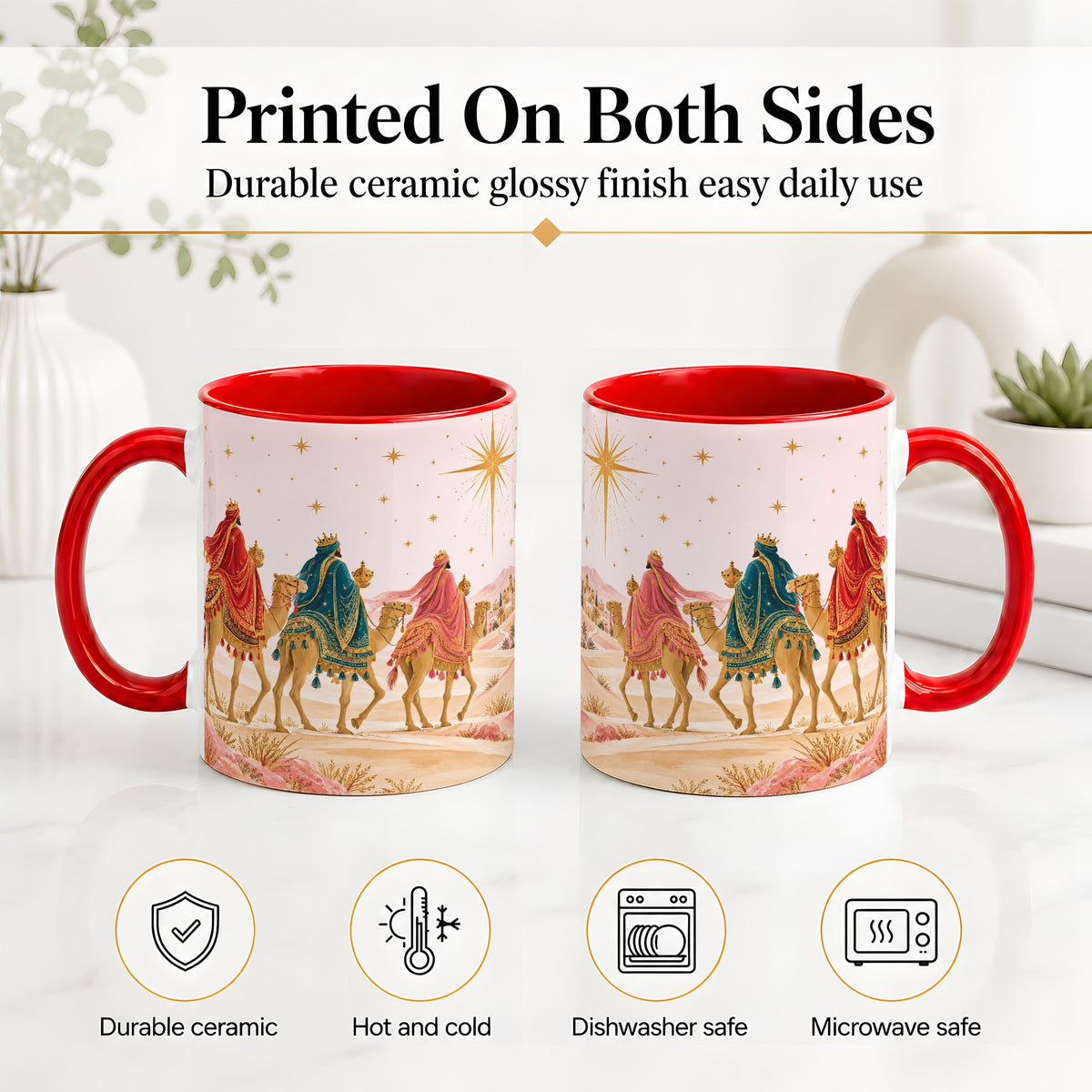 #pl[11oz|Red] Three Wise Men Accent Mug, Christmas Camel Journey Artwork
