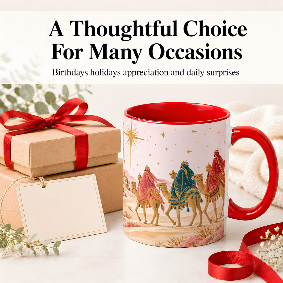 #pl[11oz|Red] Three Wise Men Accent Mug, Christmas Camel Journey Artwork