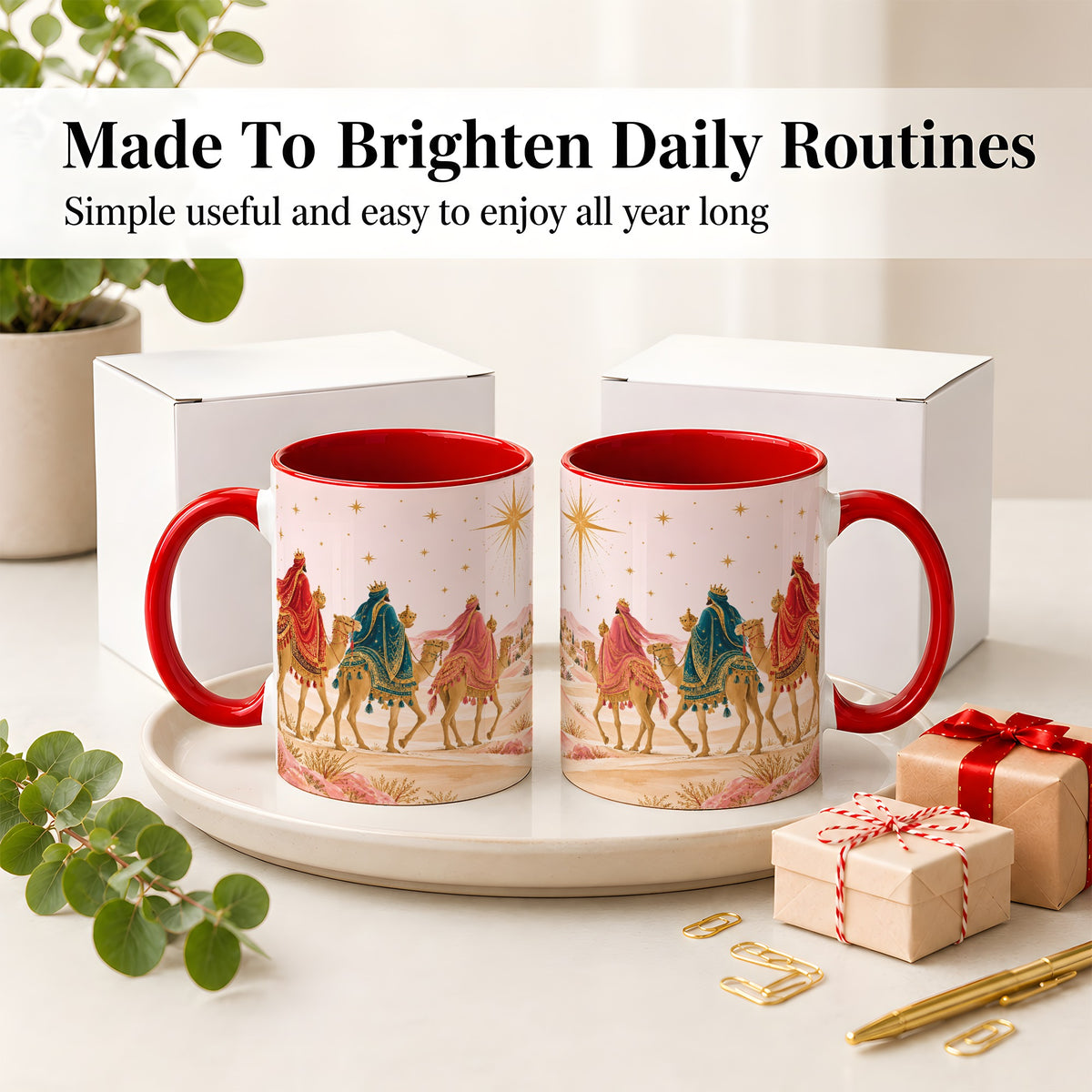 #pl[11oz|Red] Three Wise Men Accent Mug, Christmas Camel Journey Artwork