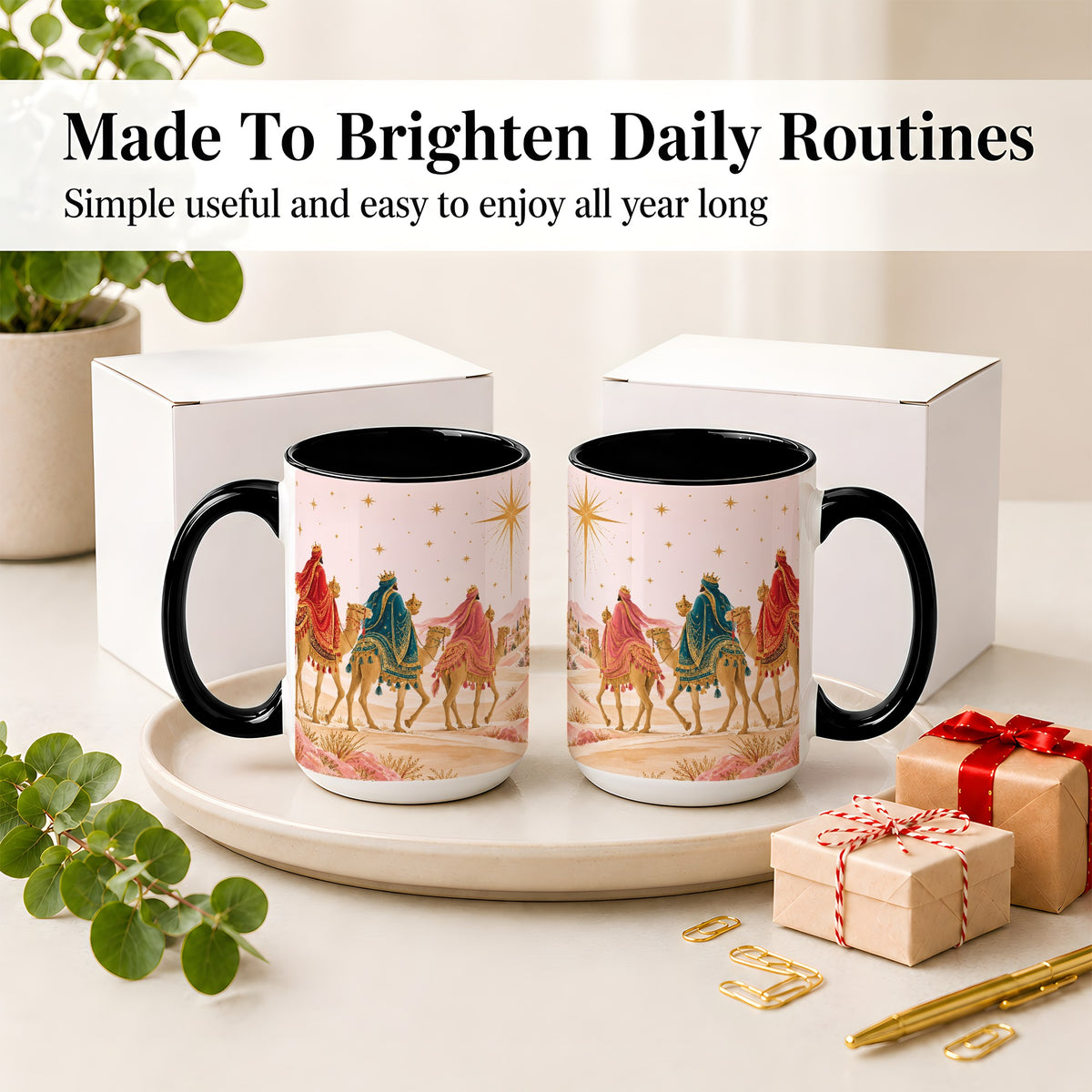 #pl[15oz|Black] Three Wise Men Accent Mug, Christmas Camel Journey Artwork