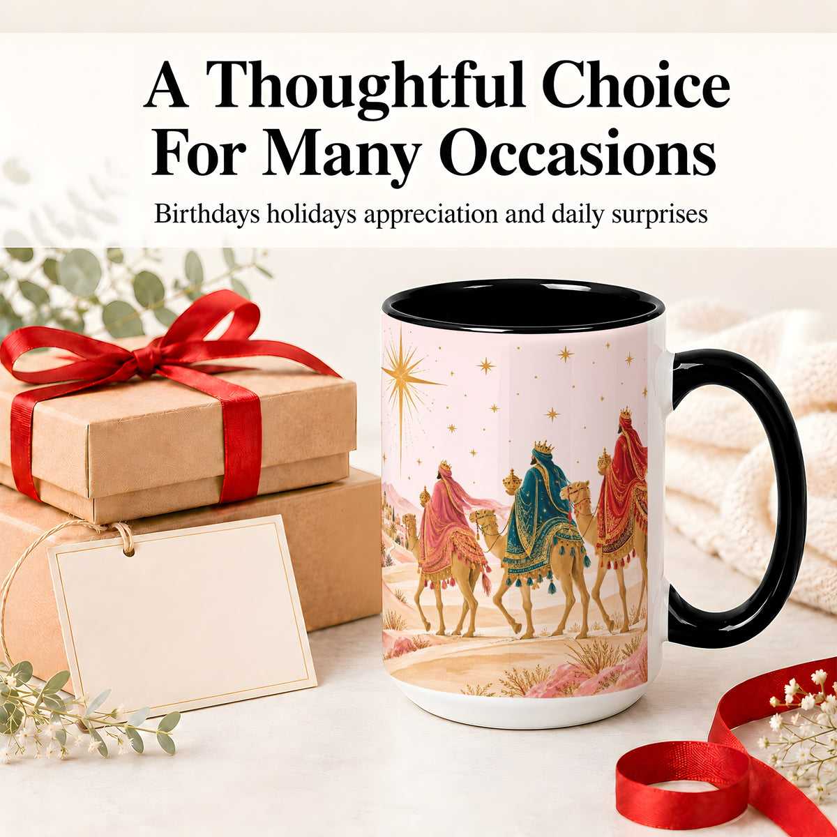 #pl[15oz|Black] Three Wise Men Accent Mug, Christmas Camel Journey Artwork