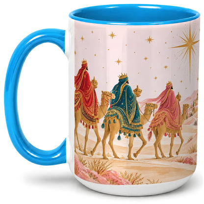 #pl[15oz|Blue] Three Wise Men Accent Mug, Christmas Camel Journey Artwork