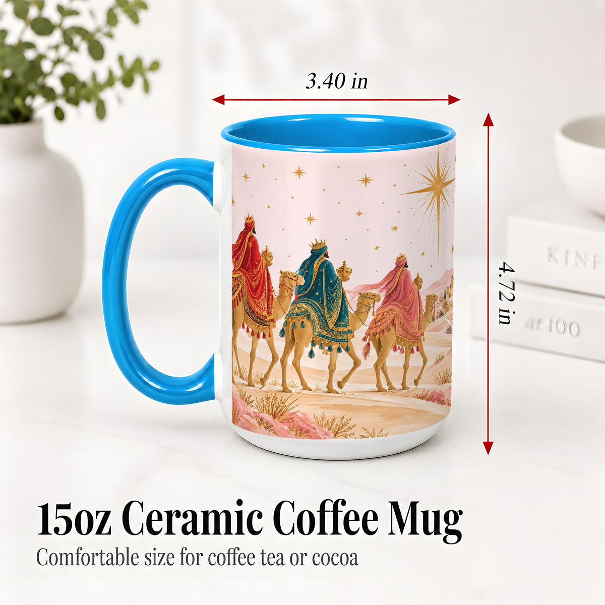 #pl[15oz|Blue] Three Wise Men Accent Mug, Christmas Camel Journey Artwork