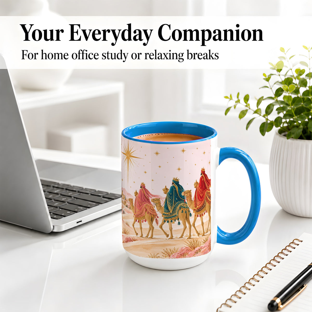 #pl[15oz|Blue] Three Wise Men Accent Mug, Christmas Camel Journey Artwork