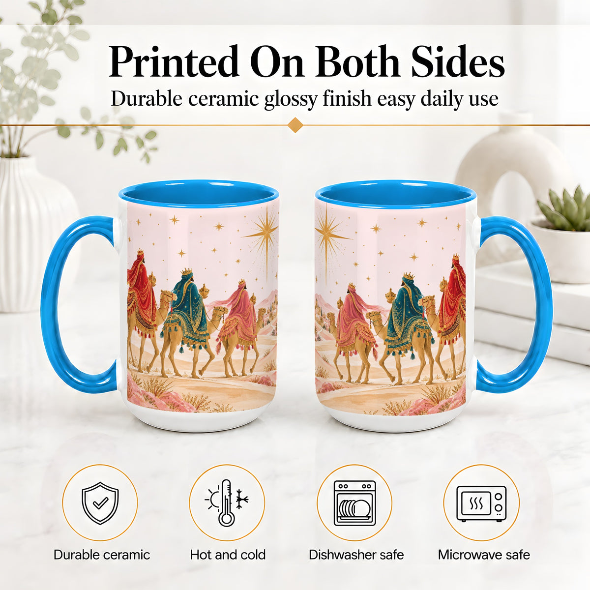 #pl[15oz|Blue] Three Wise Men Accent Mug, Christmas Camel Journey Artwork