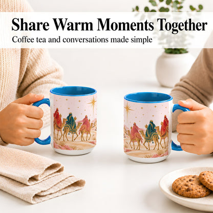 #pl[15oz|Blue] Three Wise Men Accent Mug, Christmas Camel Journey Artwork