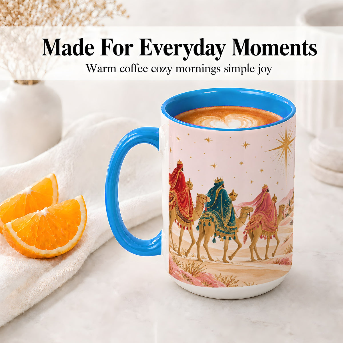 #pl[15oz|Blue] Three Wise Men Accent Mug, Christmas Camel Journey Artwork