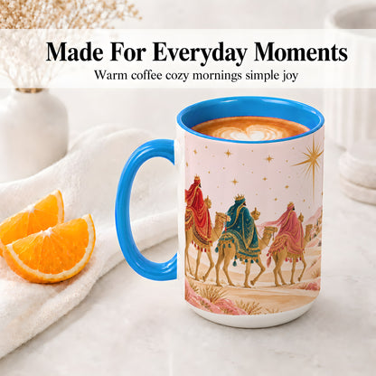 #pl[15oz|Blue] Three Wise Men Accent Mug, Christmas Camel Journey Artwork