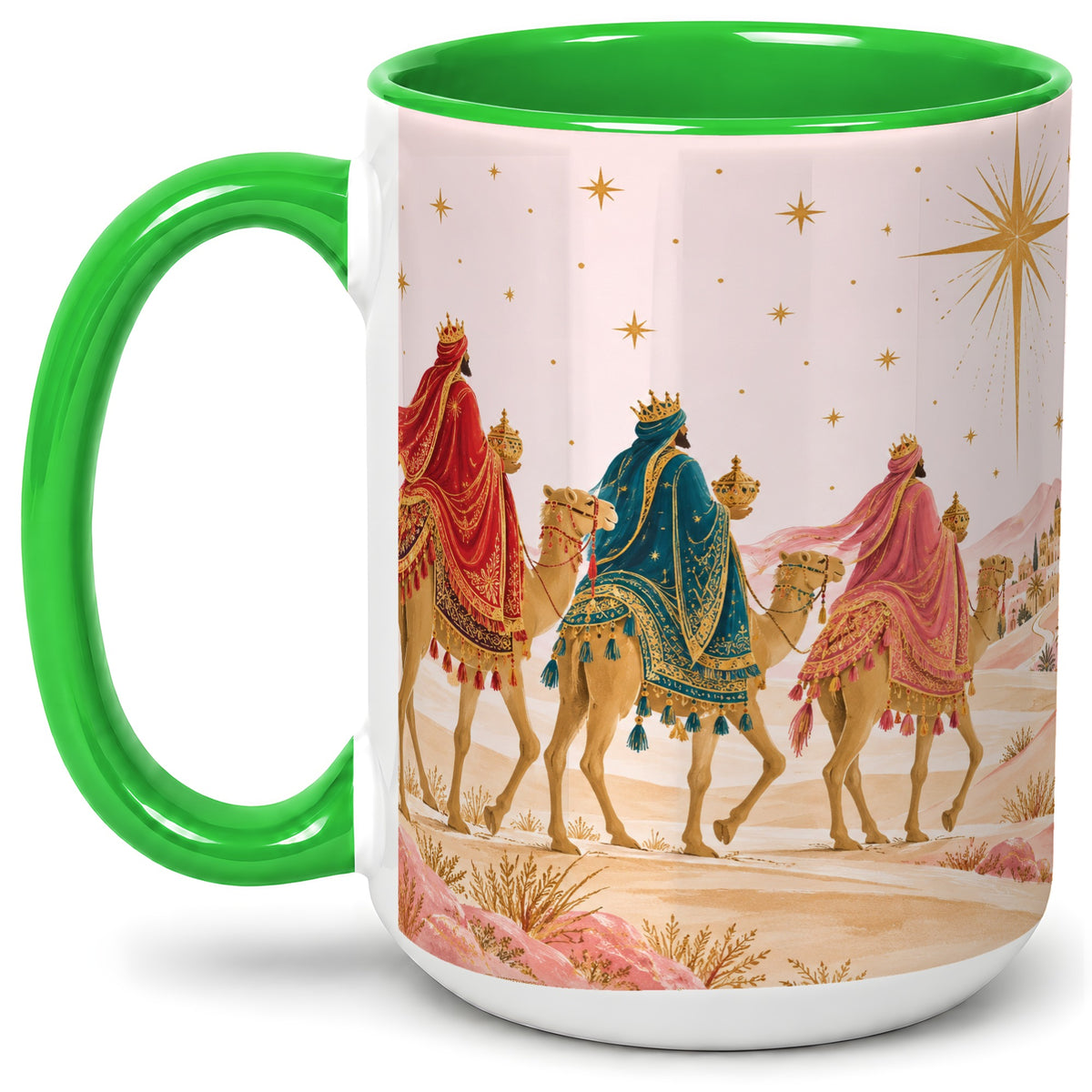 #pl[15oz|Green] Three Wise Men Accent Mug, Christmas Camel Journey Artwork
