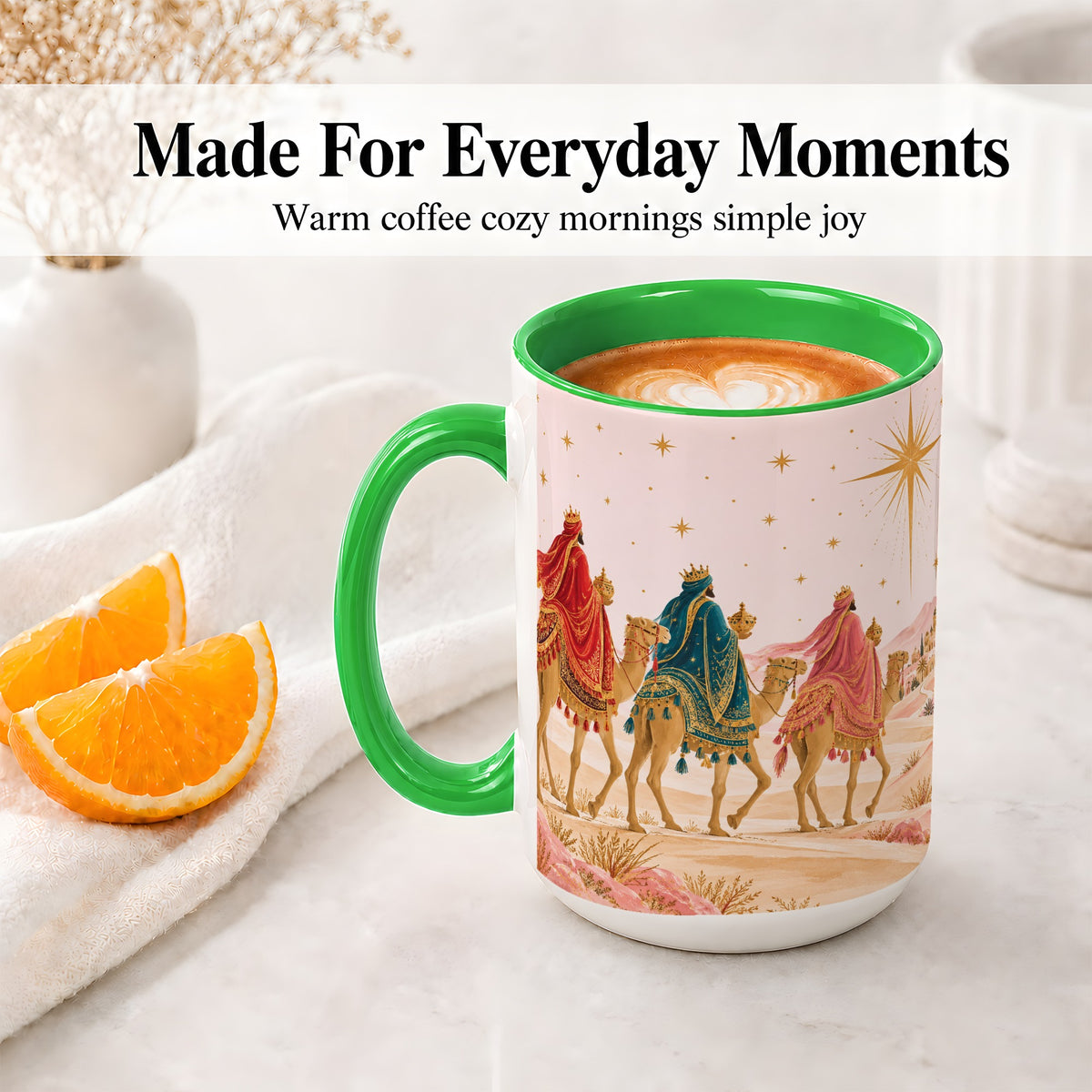 #pl[15oz|Green] Three Wise Men Accent Mug, Christmas Camel Journey Artwork