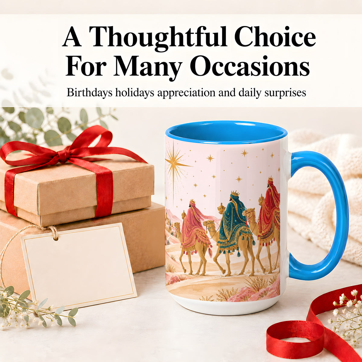 #pl[15oz|Blue] Three Wise Men Accent Mug, Christmas Camel Journey Artwork