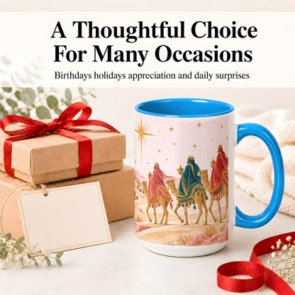 #pl[15oz|Blue] Three Wise Men Accent Mug, Christmas Camel Journey Artwork