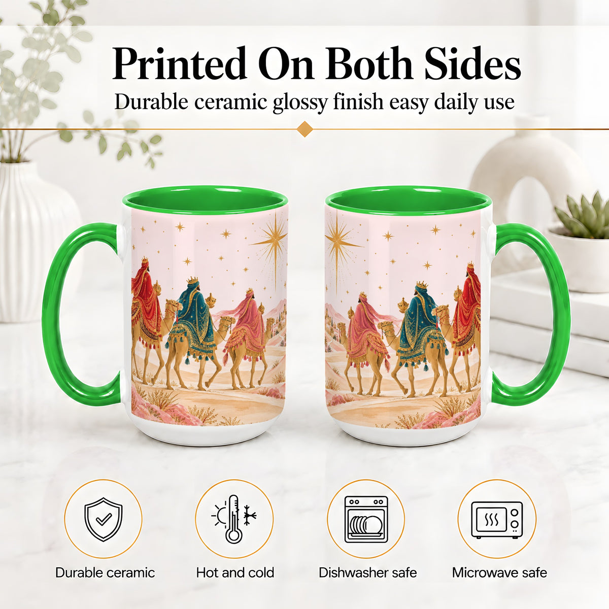 #pl[15oz|Green] Three Wise Men Accent Mug, Christmas Camel Journey Artwork