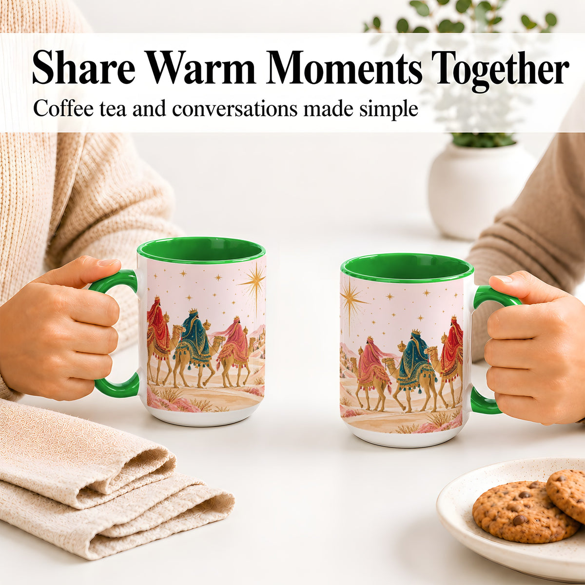#pl[15oz|Green] Three Wise Men Accent Mug, Christmas Camel Journey Artwork