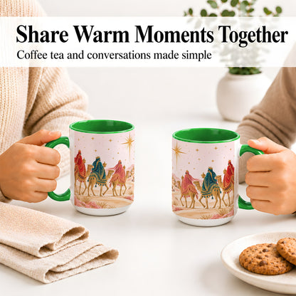 #pl[15oz|Green] Three Wise Men Accent Mug, Christmas Camel Journey Artwork