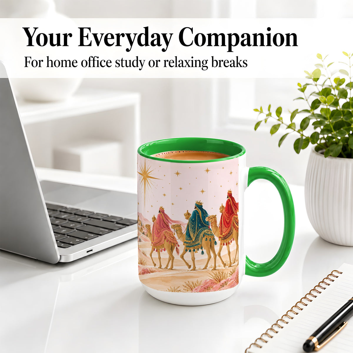 #pl[15oz|Green] Three Wise Men Accent Mug, Christmas Camel Journey Artwork