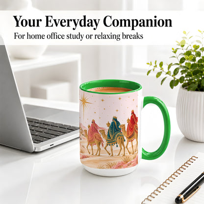 #pl[15oz|Green] Three Wise Men Accent Mug, Christmas Camel Journey Artwork