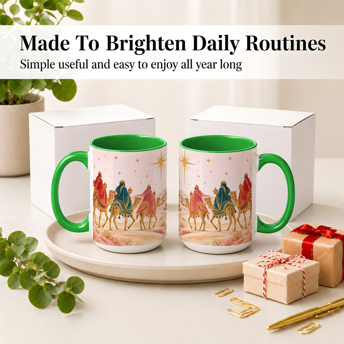 #pl[15oz|Green] Three Wise Men Accent Mug, Christmas Camel Journey Artwork