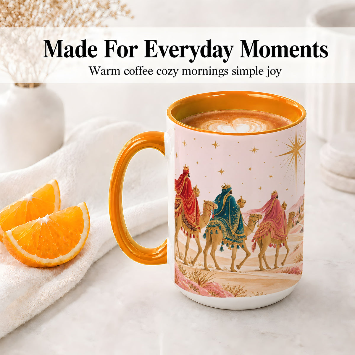 #pl[15oz|Orange] Three Wise Men Accent Mug, Christmas Camel Journey Artwork