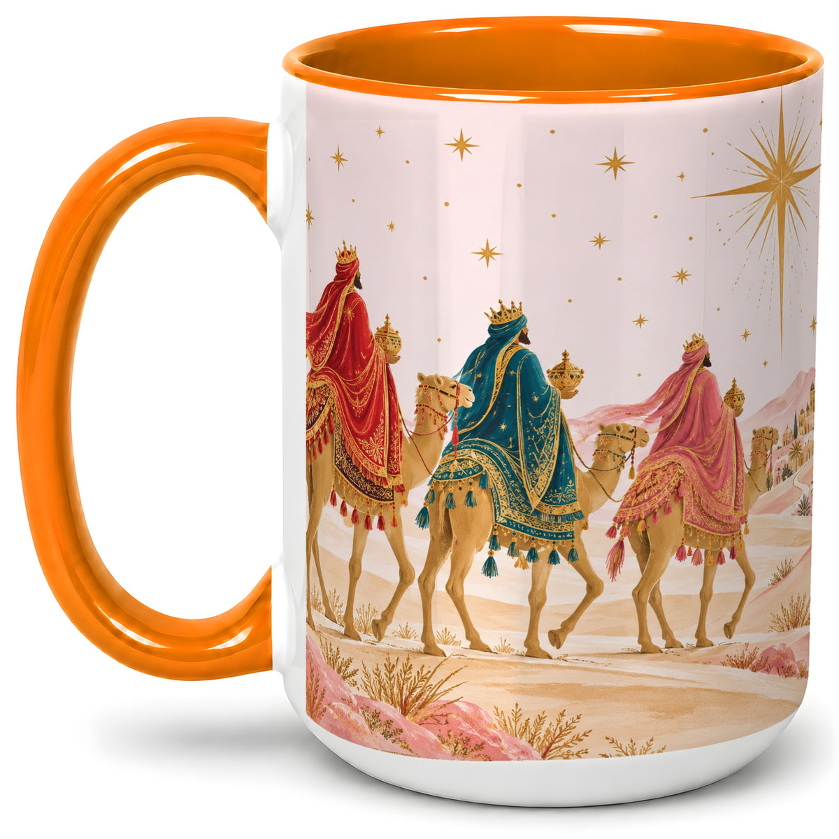 #pl[15oz|Orange] Three Wise Men Accent Mug, Christmas Camel Journey Artwork