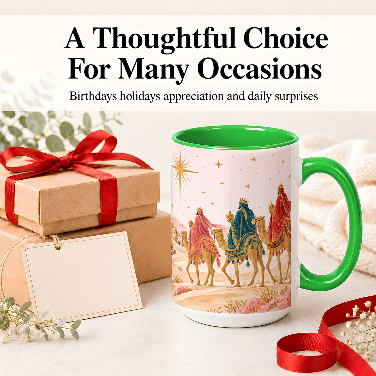 #pl[15oz|Green] Three Wise Men Accent Mug, Christmas Camel Journey Artwork