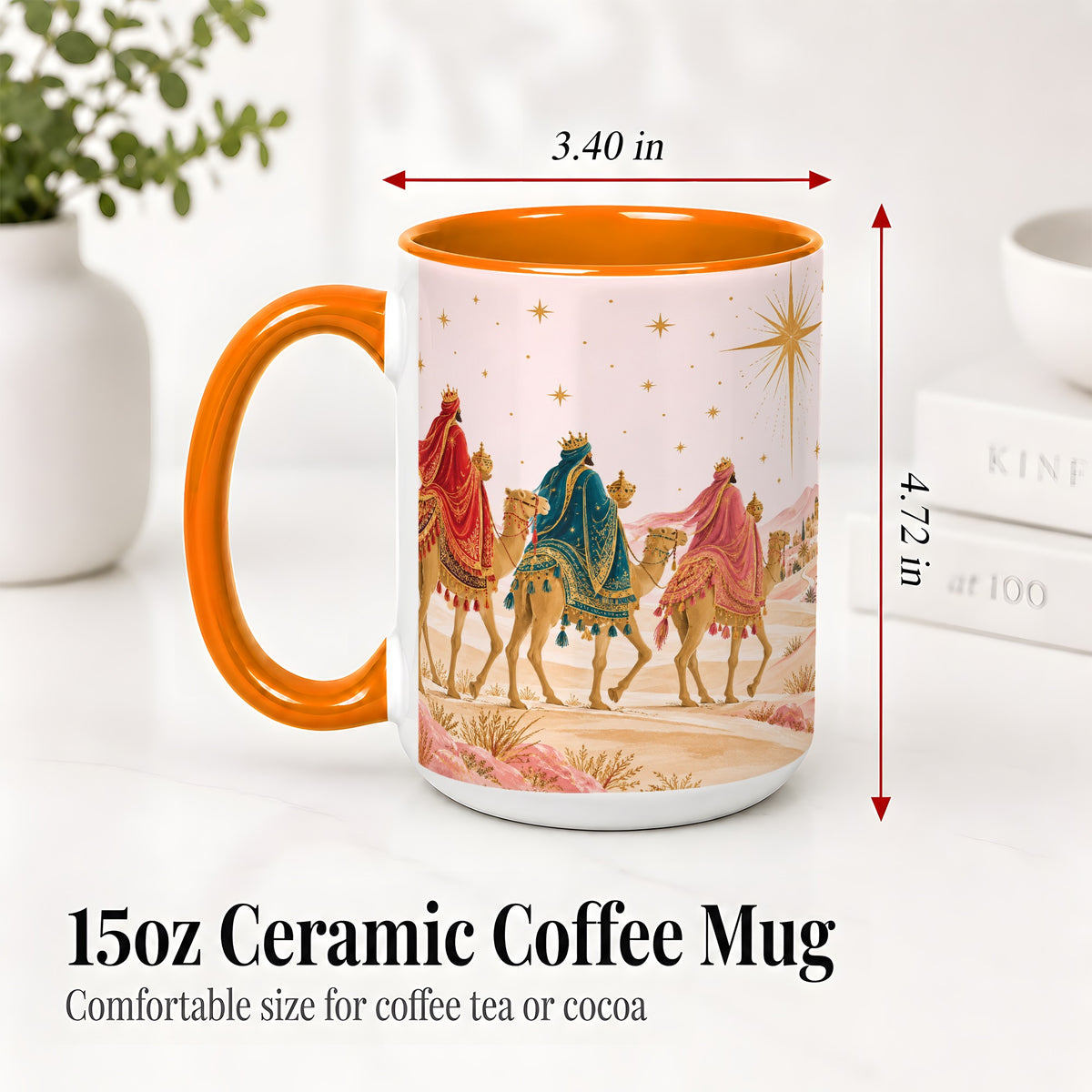 #pl[15oz|Orange] Three Wise Men Accent Mug, Christmas Camel Journey Artwork