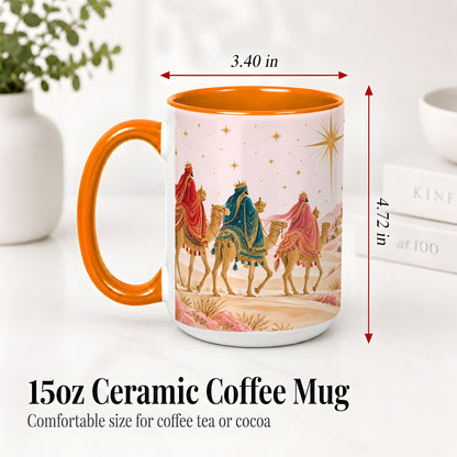 #pl[15oz|Orange] Three Wise Men Accent Mug, Christmas Camel Journey Artwork