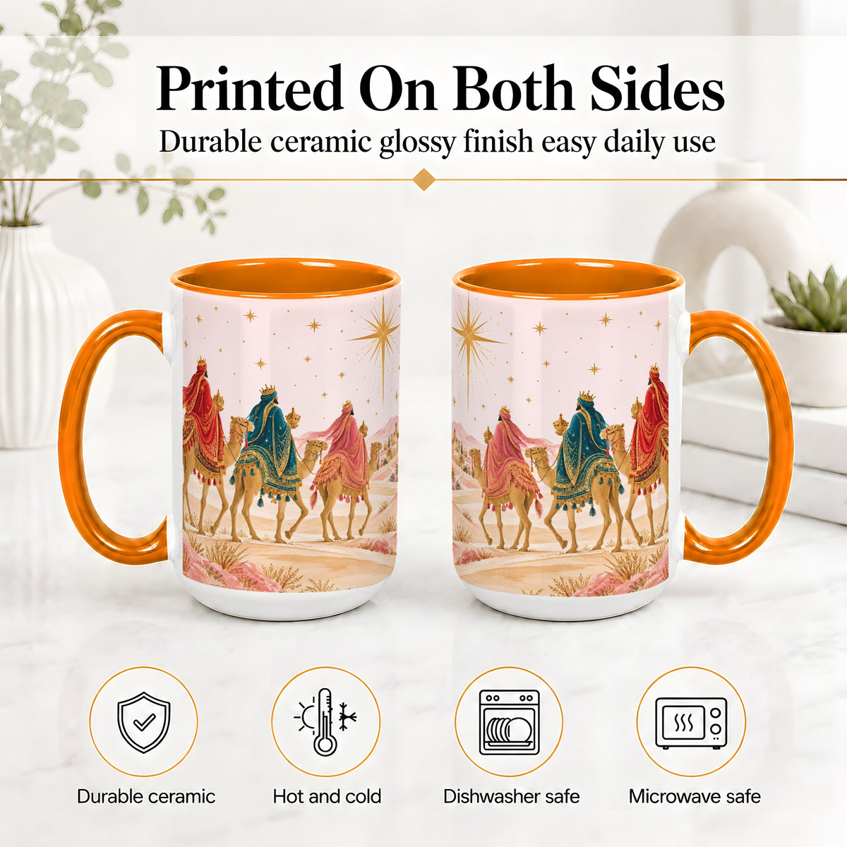 #pl[15oz|Orange] Three Wise Men Accent Mug, Christmas Camel Journey Artwork