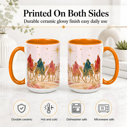 #pl[15oz|Orange] Three Wise Men Accent Mug, Christmas Camel Journey Artwork