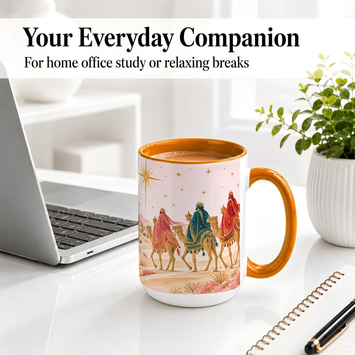 #pl[15oz|Orange] Three Wise Men Accent Mug, Christmas Camel Journey Artwork