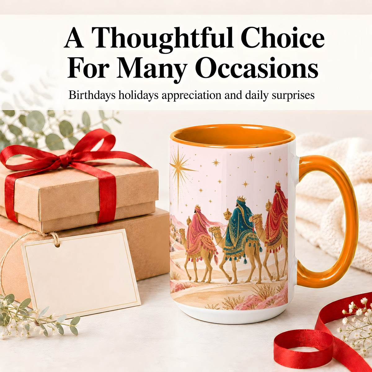 #pl[15oz|Orange] Three Wise Men Accent Mug, Christmas Camel Journey Artwork
