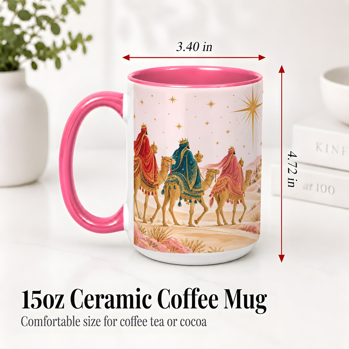#pl[15oz|Pink] Three Wise Men Accent Mug, Christmas Camel Journey Artwork